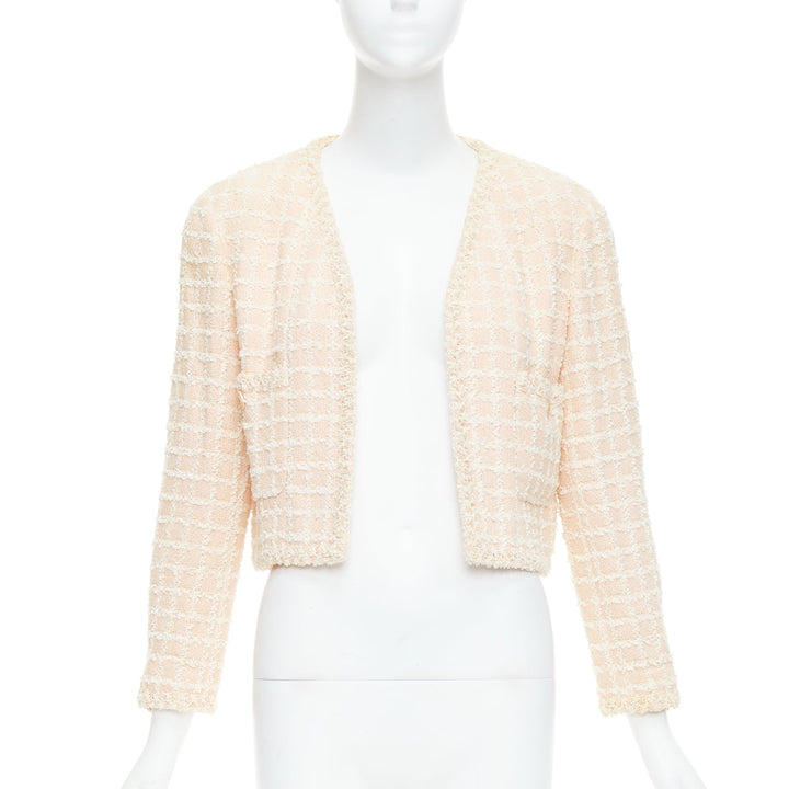 rare CHANEL 94P Vintage pink cotton tweed cropped jacket FR40 L