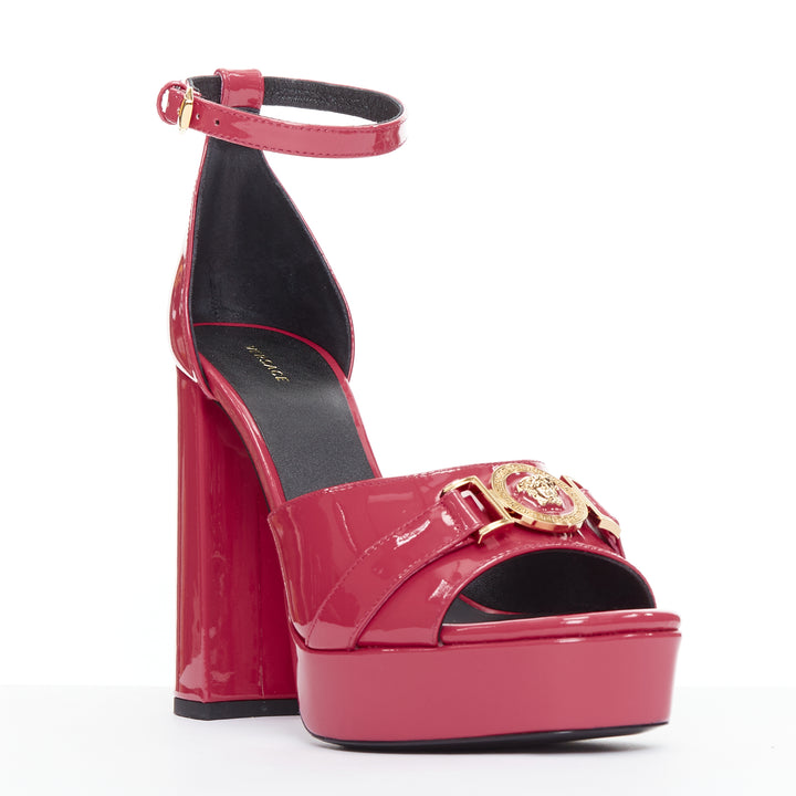 VERSACE Tribute fuschia pink patent Medusa emblem open toe platform sandal EU37