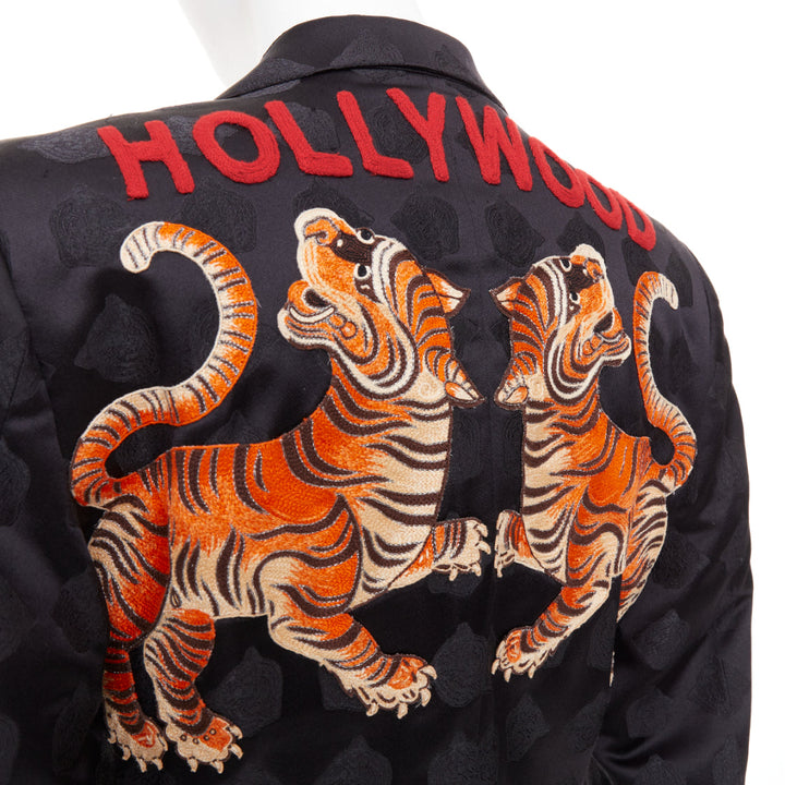 GUCCI black silk jacquard Tiger Hollywood applique tuxedo blazer IT44 XS