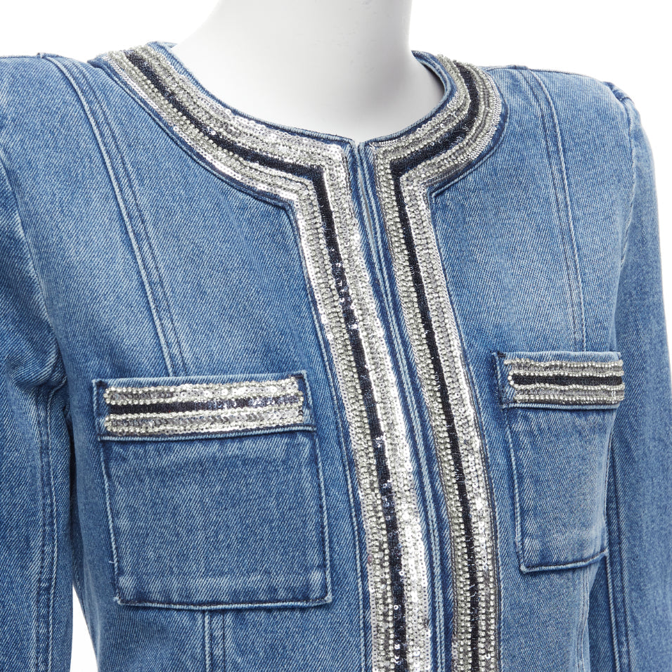 BALMAIN blue washed cotton denim silver crystal embellished trim jacket FR36 S