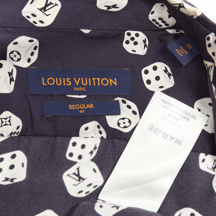 LOUIS VUITTON navy cream 100% silk LV logo dice print regular fit shirt M