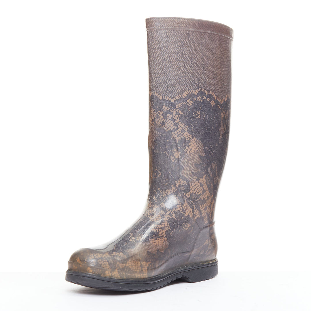 VALENTINO GARAVANI grey nude lace print rubber rain boots EU39