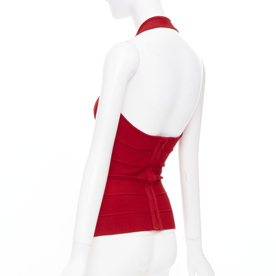 HERVE LEGER red halter neck structured bodycon bandage tank top XS