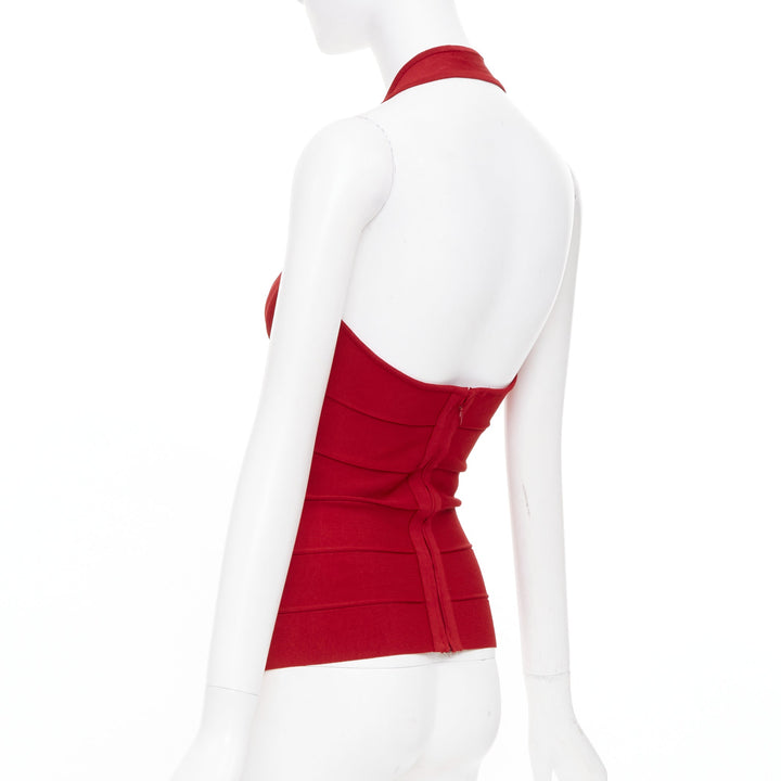 HERVE LEGER red halter neck structured bodycon bandage tank top XS