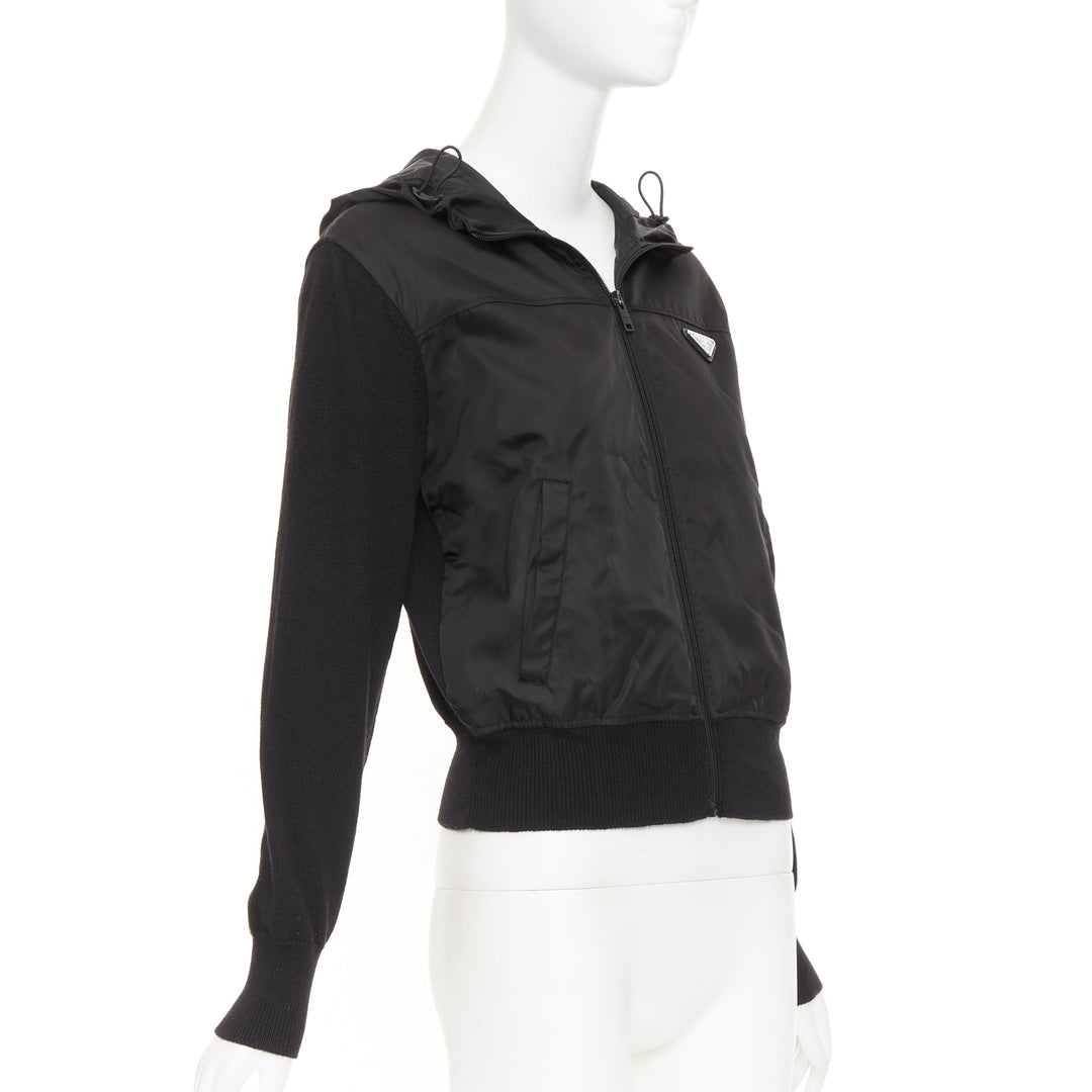 PRADA 2021 wool nylon front silver triangle plague zip up hoodie jacket IT42 M
