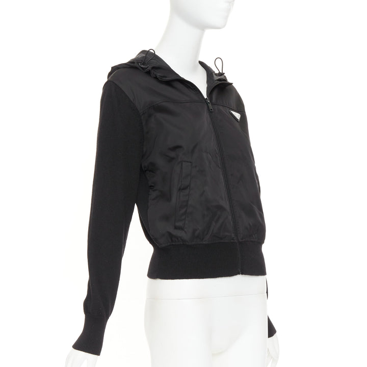 PRADA 2021 wool nylon front silver triangle plague zip up hoodie jacket IT42 M