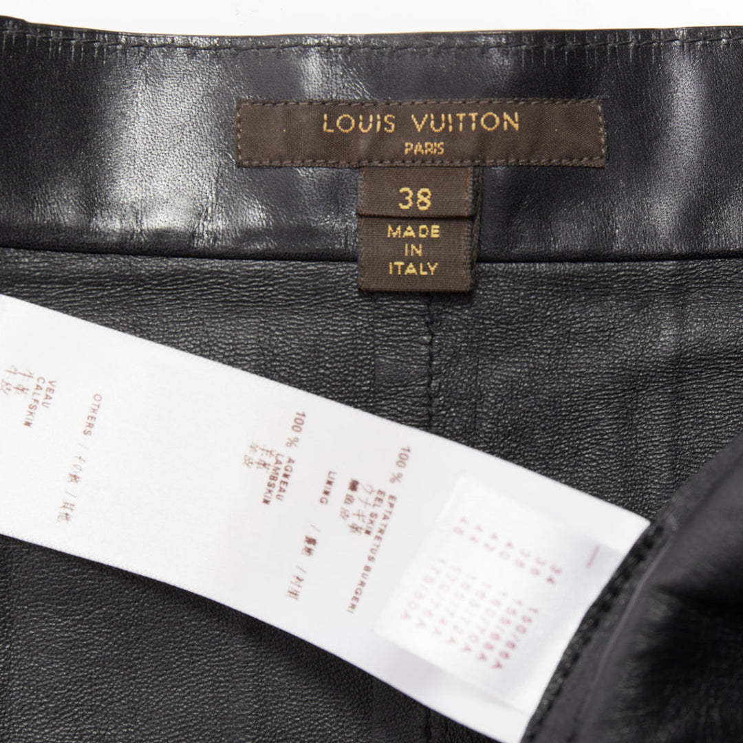 LOUIS VUITTON 2015 Runway burgundy navy eel leather patchwork skirt FR38 M