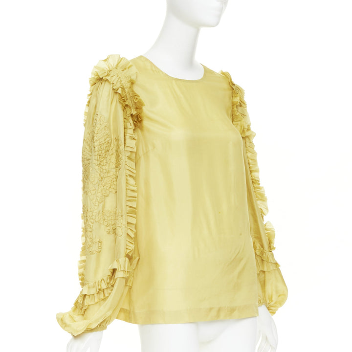 DRIES VAN NOTEN yellow 100% silk ruffle applique puff sleeve blouse FR38 M