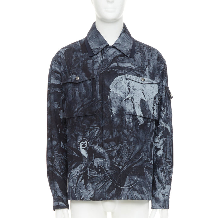 VALENTINO 2020 navy forest animal elephant monkey denim safari jacket IT48 M