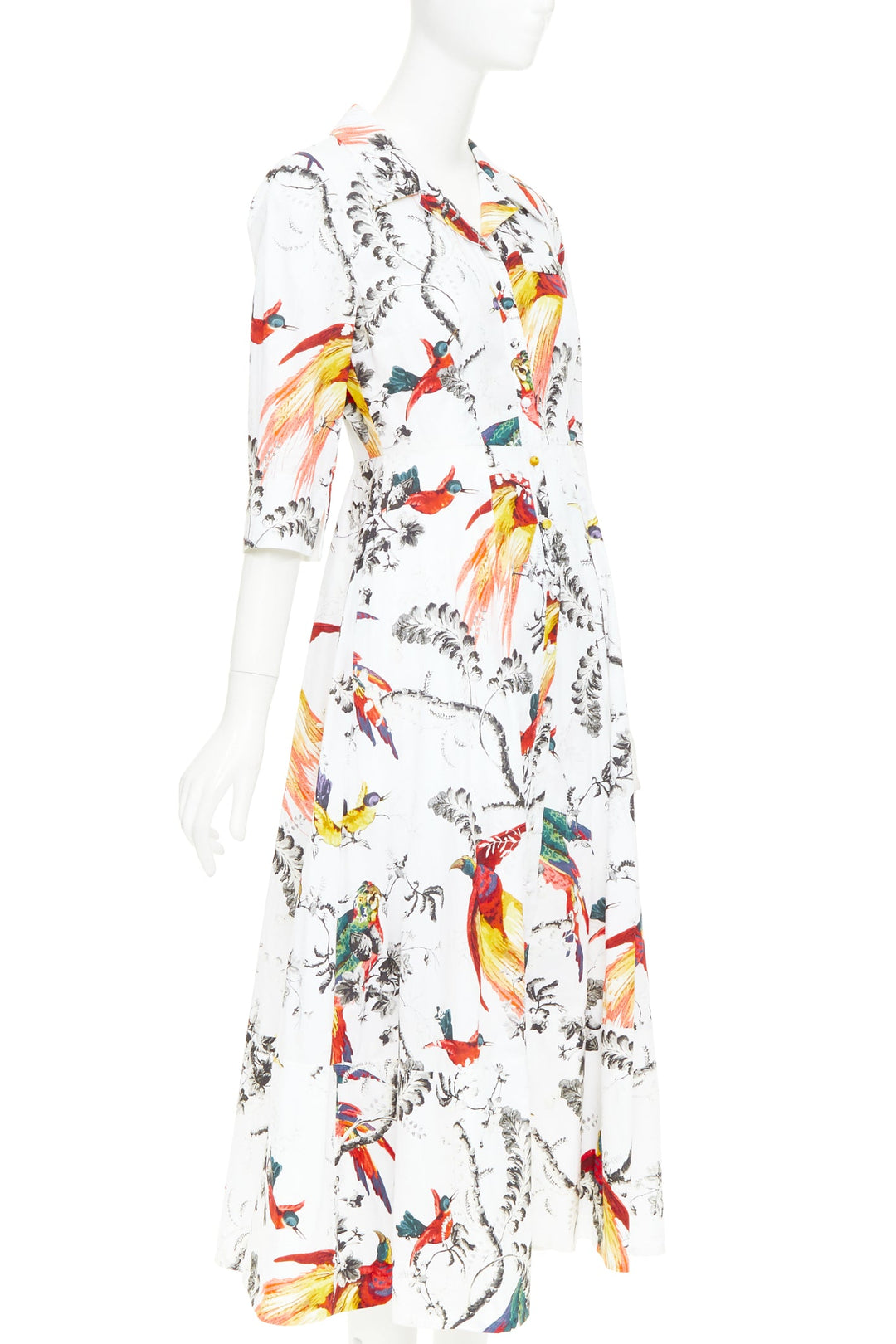 ERDEM2917 Kasia white cotton poplin paisley bird floral shirt dress UK10 M