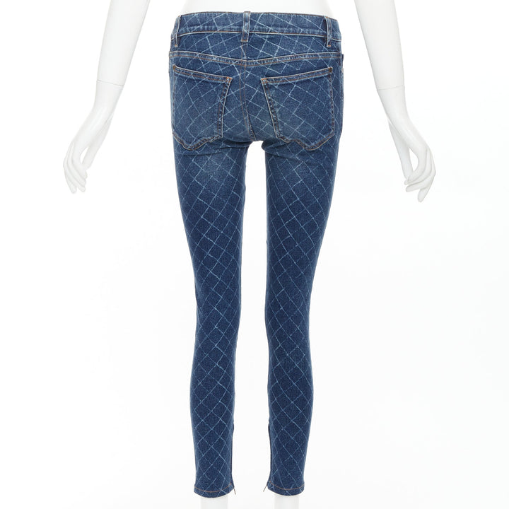 CHANEL 2017 dark blue washed denim diamond grid CC button skinny jeans FR34 XS