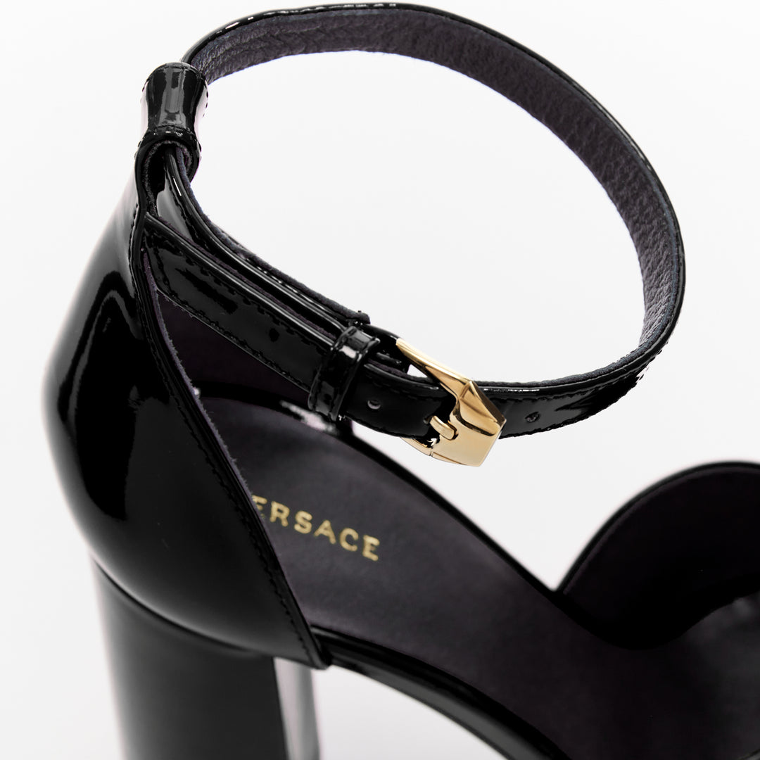 VERSACE Tribute black patent gold Medusa open toe platform sandal EU39
