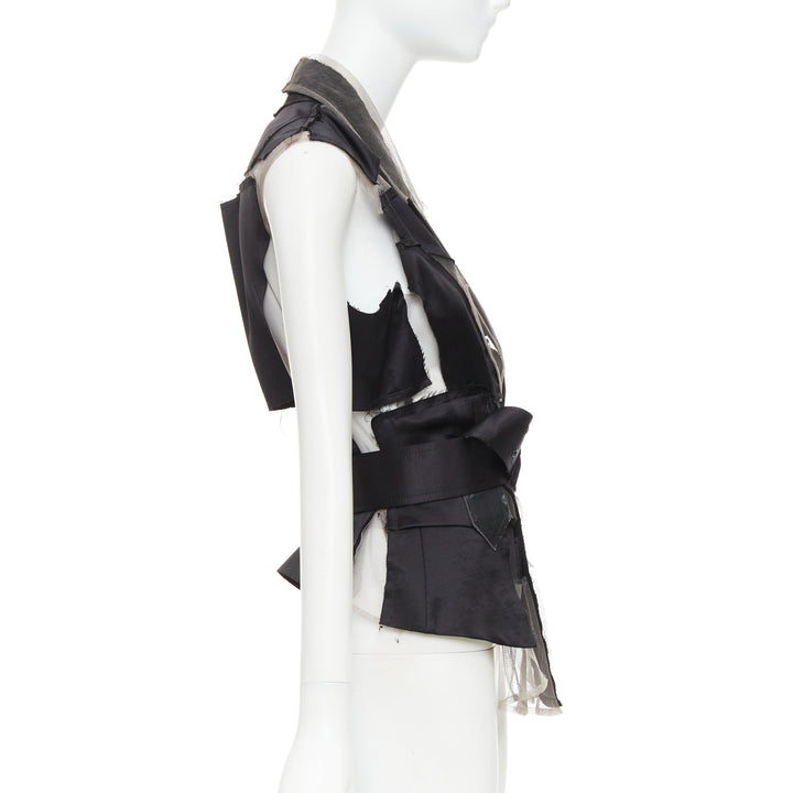 COMME DES GARCONS 2007 Runway black satin sheer patchwork tulle belted vest S