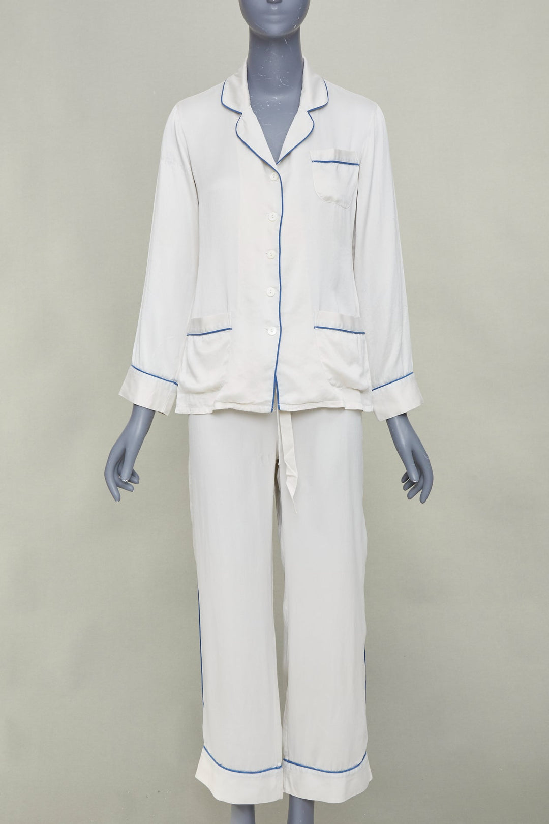 OLIVIA VON HALLE Coco ivory off white blue piping silk sleepwear set Sz1 S