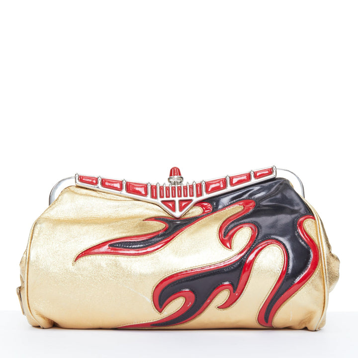PRADA 2012 Runway hot rod metallic gold leather flame detail clutch bag