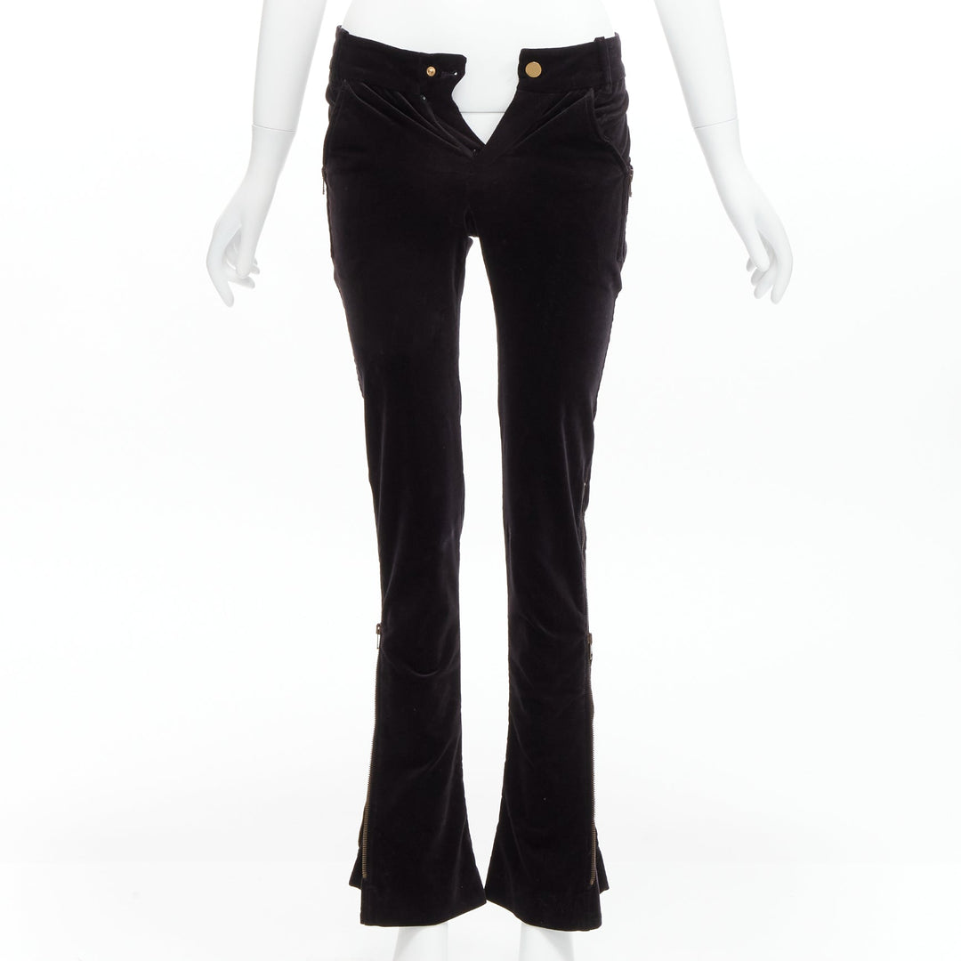 GUCCI Vintage black velour GG interlock logo side pocket zip flare pants XS