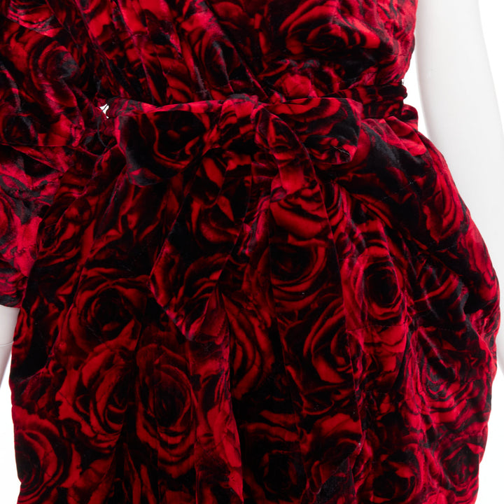 DRIES VAN NOTEN Runway Delta red rose velvet quilted one shoulder dress FR38 M