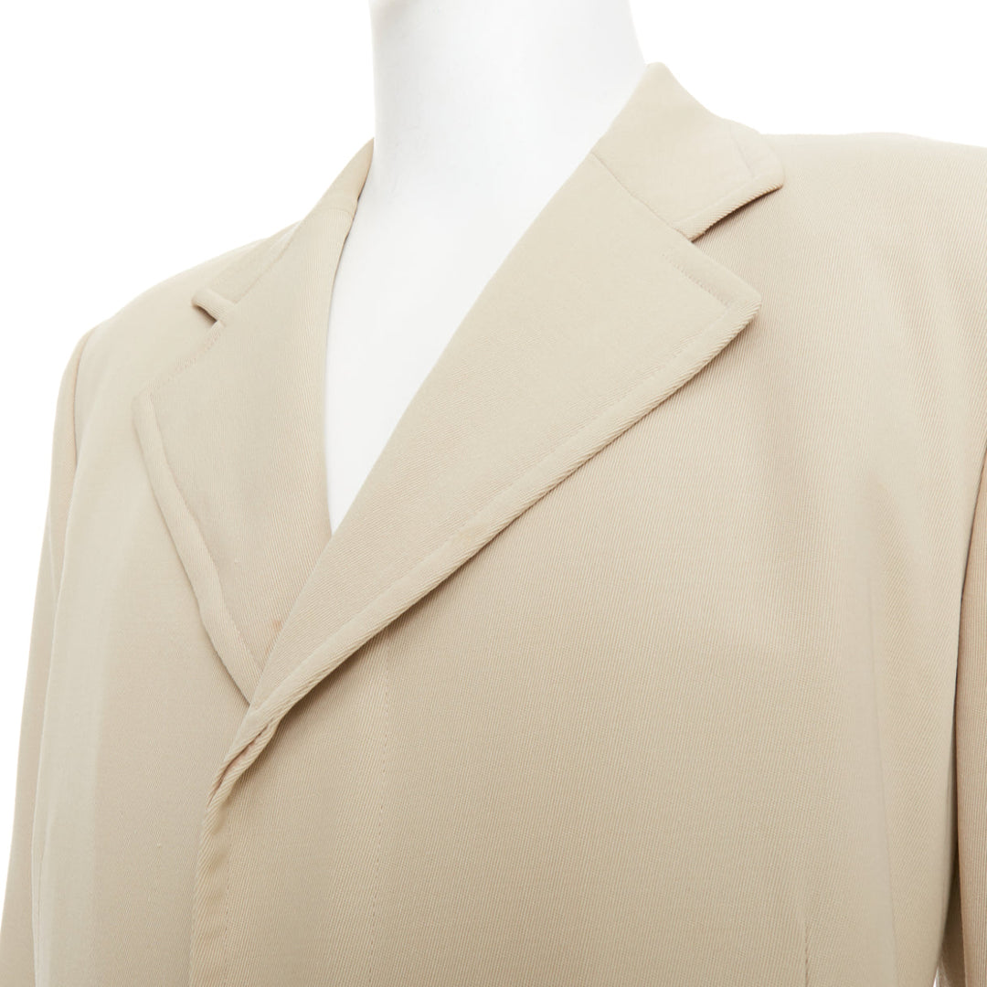 HERMES beige 100% wool twill horn buttons minimal long coat IT46 S