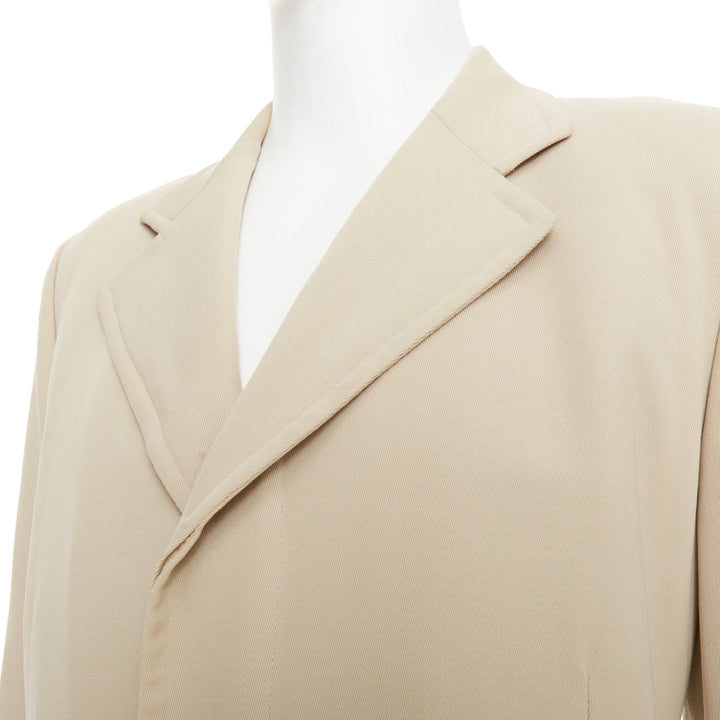 HERMES beige 100% wool twill horn buttons minimal long coat IT46 S