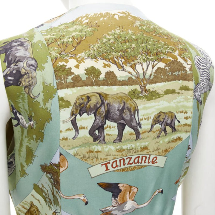 HERMES Vintage tan brown suede eather Tanzanie animal silk back vest FR40 M