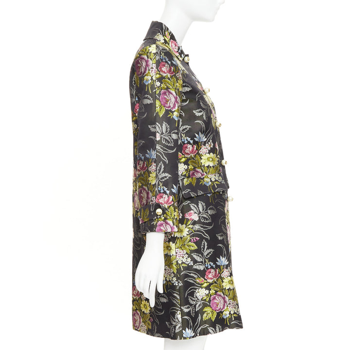 GUCCI 2016 Runway black silk floral jacquard GG pearl evening coat IT38 XS