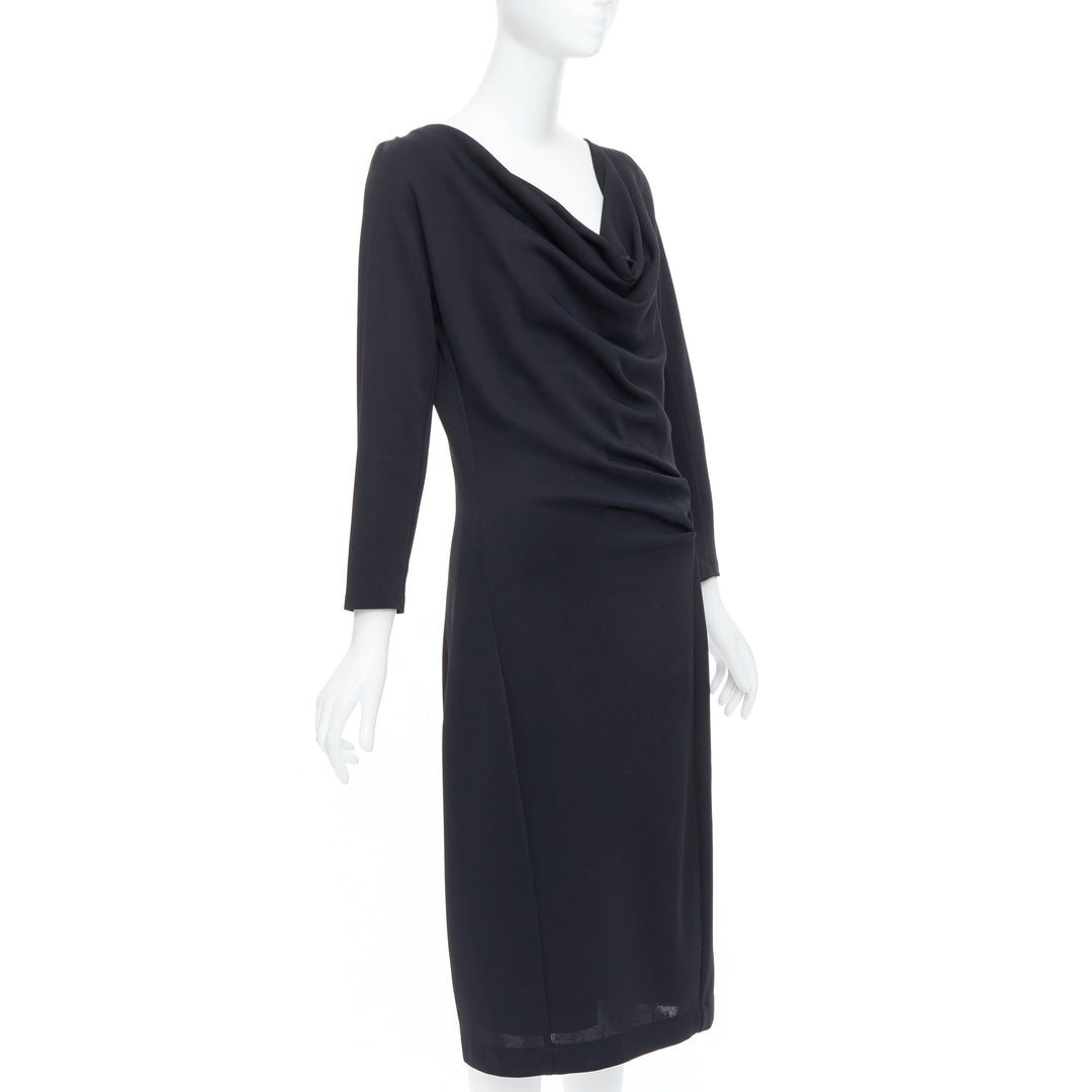 DONNA KARAN black draped cowl neck long sleeve midi dress L