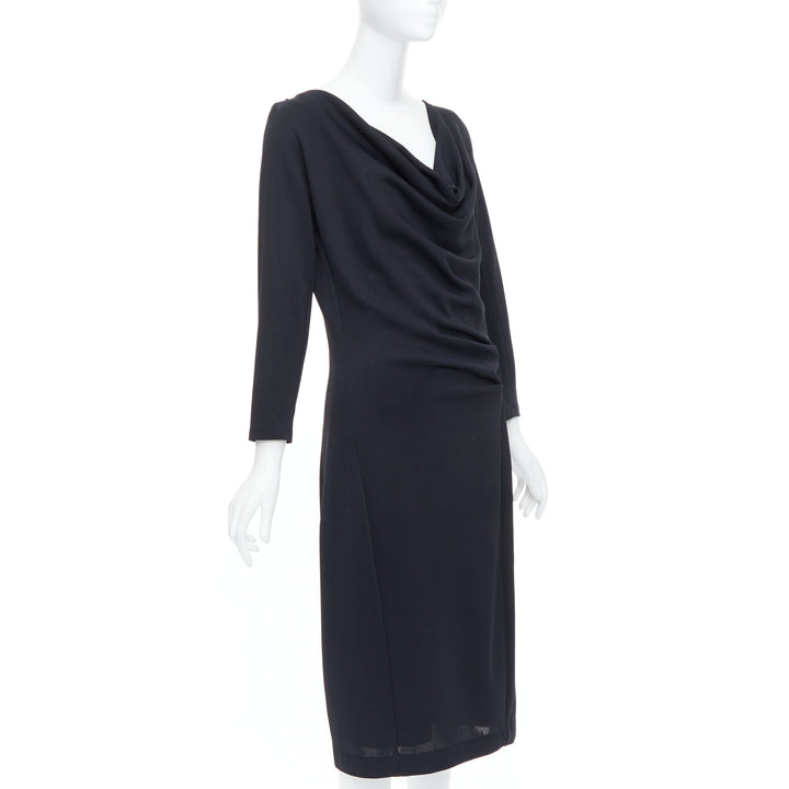 DONNA KARAN black draped cowl neck long sleeve midi dress L