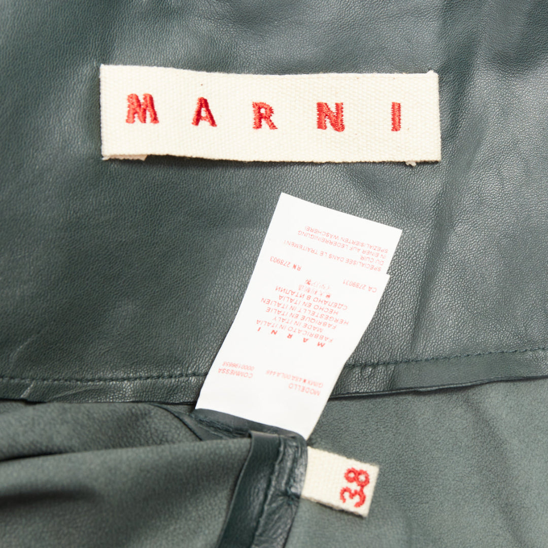 MARNI dark green nappa lamb leather panelled ruffled peplum jacket IT38 XS