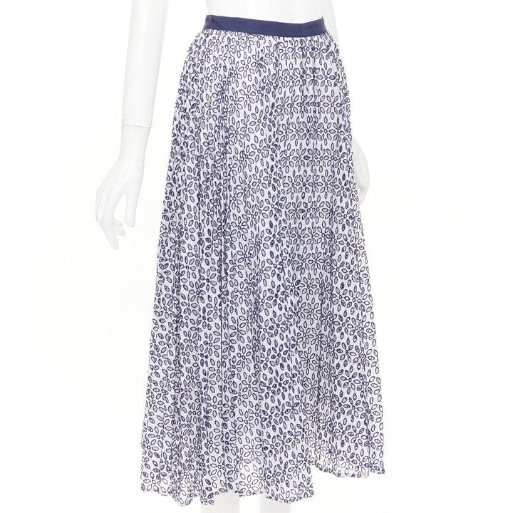 OSCAR DE LA RENTA S17 navy white cotton eyelet floral embroidered skirt XS US0