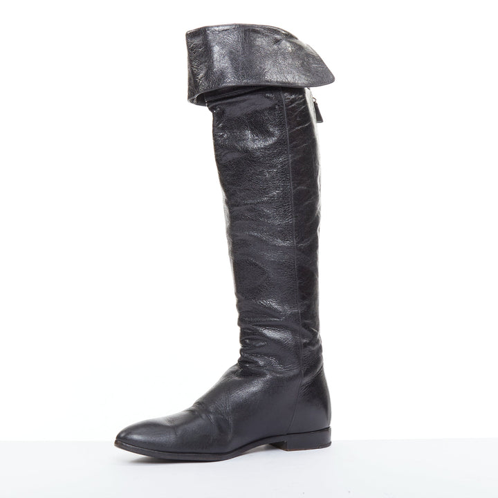PRADA Vintage black soft nappa leather over the knee exposed back zip boots EU38