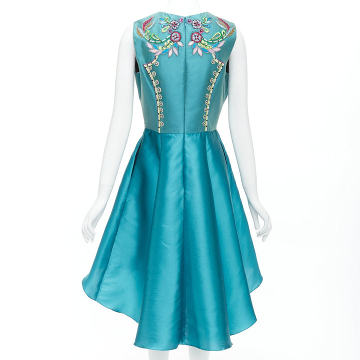 MARCHESA NOTTE Mikado Runway teal blue bead embroidery high low dress US6 M