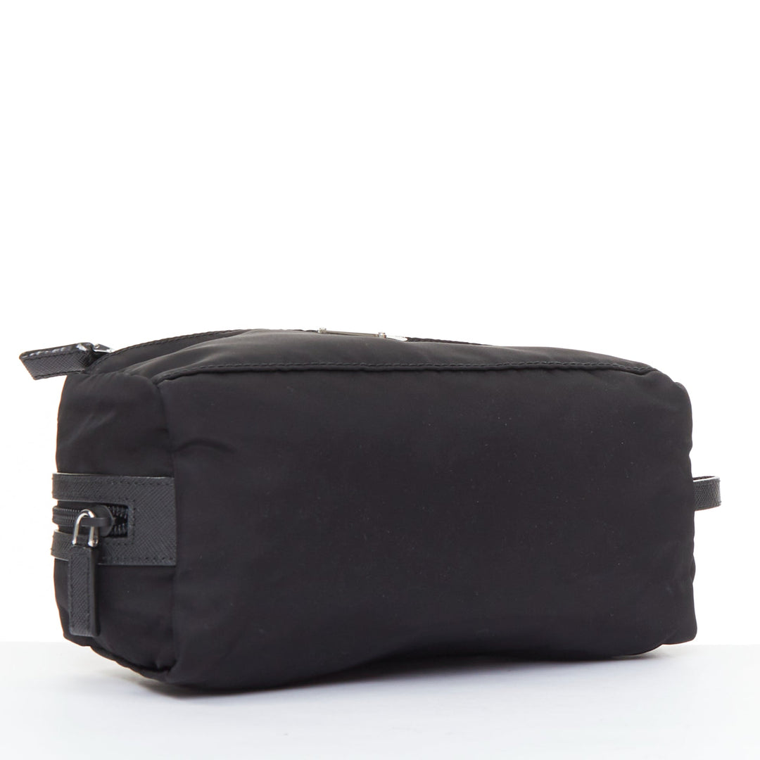 PRADA Re-Nylon saffiano leather  black silver triangle logo travel pouch case