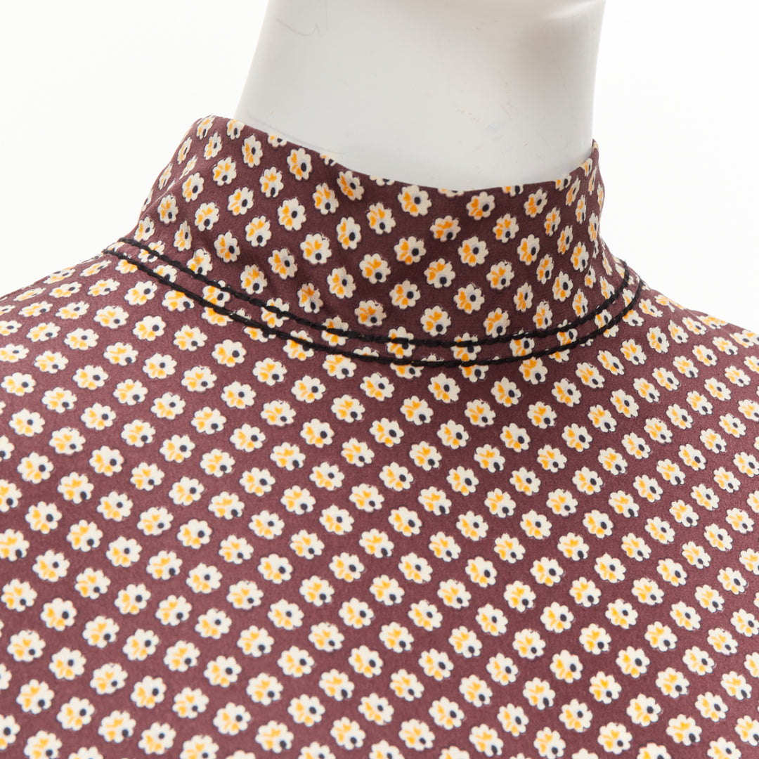 MARNI brown yellow floral asymmetric ruffle drapes hi neck top IT38 XS