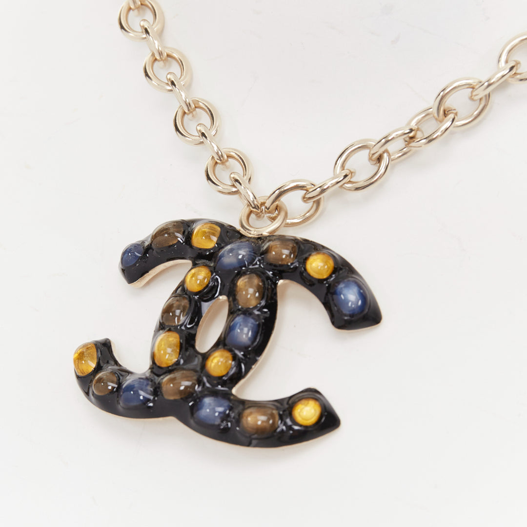 CHANEL B18A black yellow blue glassbead gold hardware CC charm collar necklace
