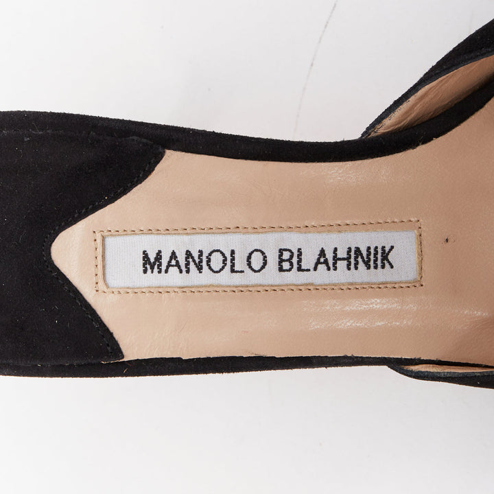 MANOLO BLAHNIK black suede leather pointy kitten spool low mules EU36