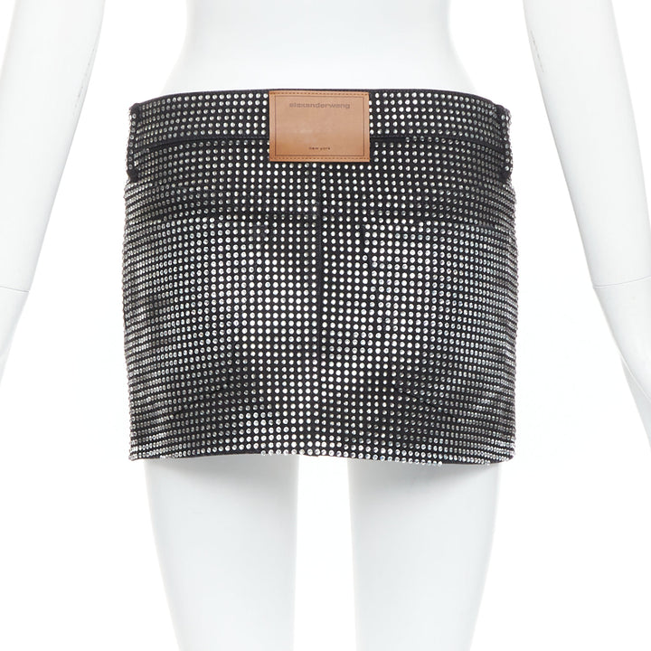 ALEXANDER WANG Hotfix black cotton allover crystal encrusted mini skirt 24"