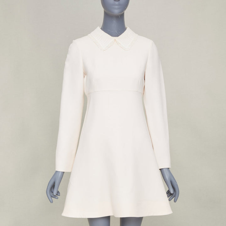 VALENTINO Bridal L'Amour ivory wool crepe silk lace collar A-line dress IT42 M