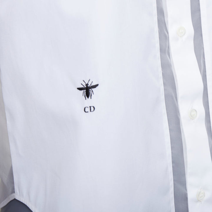 CHRISTIAN DIOR 100% silk white cotton trim sheer panel logo shirt FR34 XS