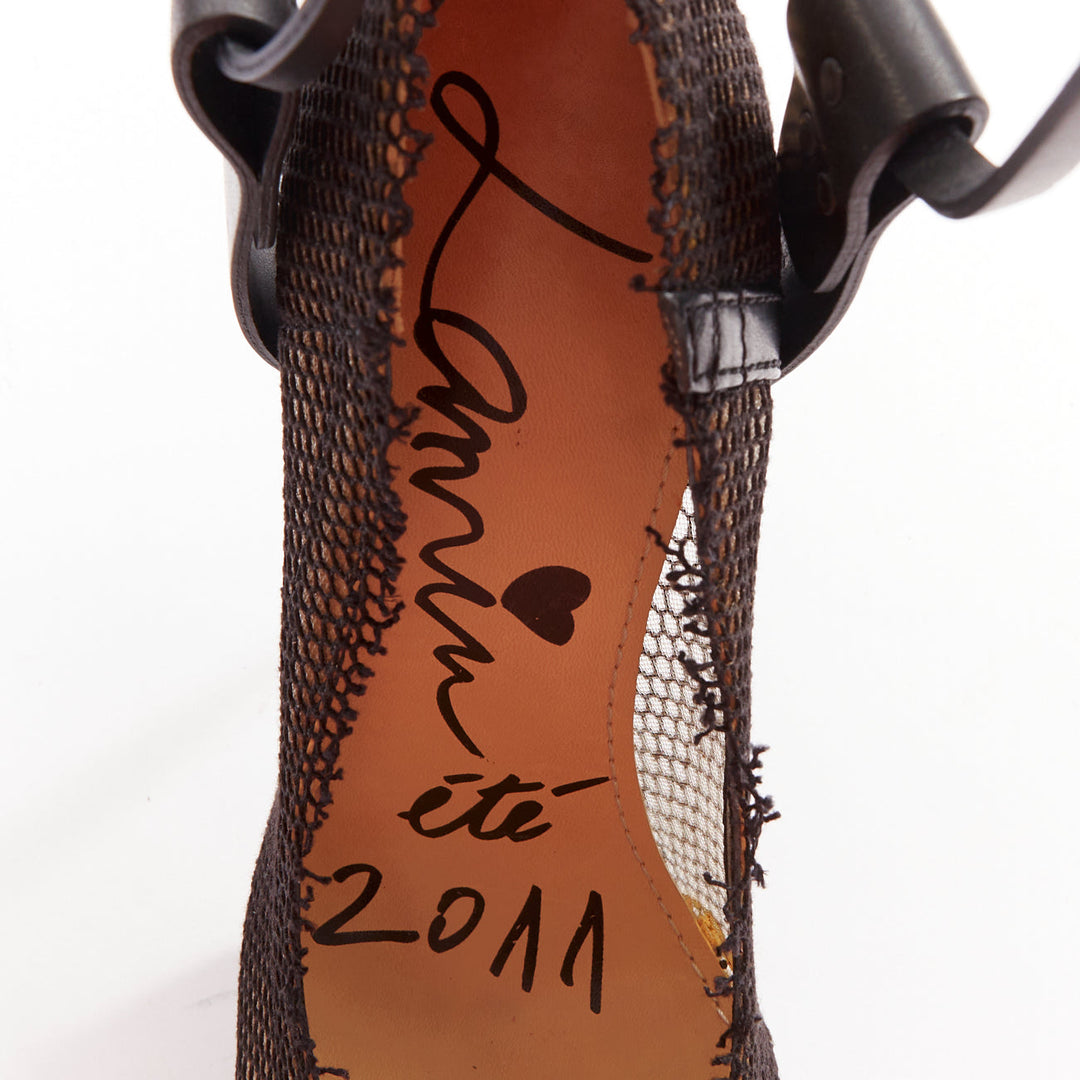 LANVIN 2011 Runway black fishnet mesh ankle harness strap pin heels EU38.5