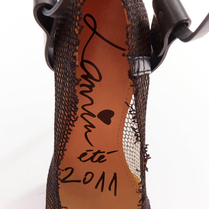 LANVIN 2011 Runway black fishnet mesh ankle harness strap pin heels EU38.5