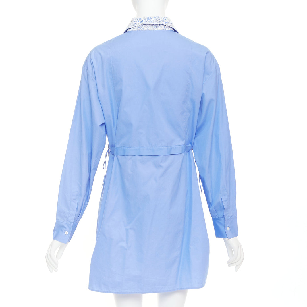 CHRISTIAN DIOR 2021 blue white lace plastron bib belted tunic shirt dress FR38 M