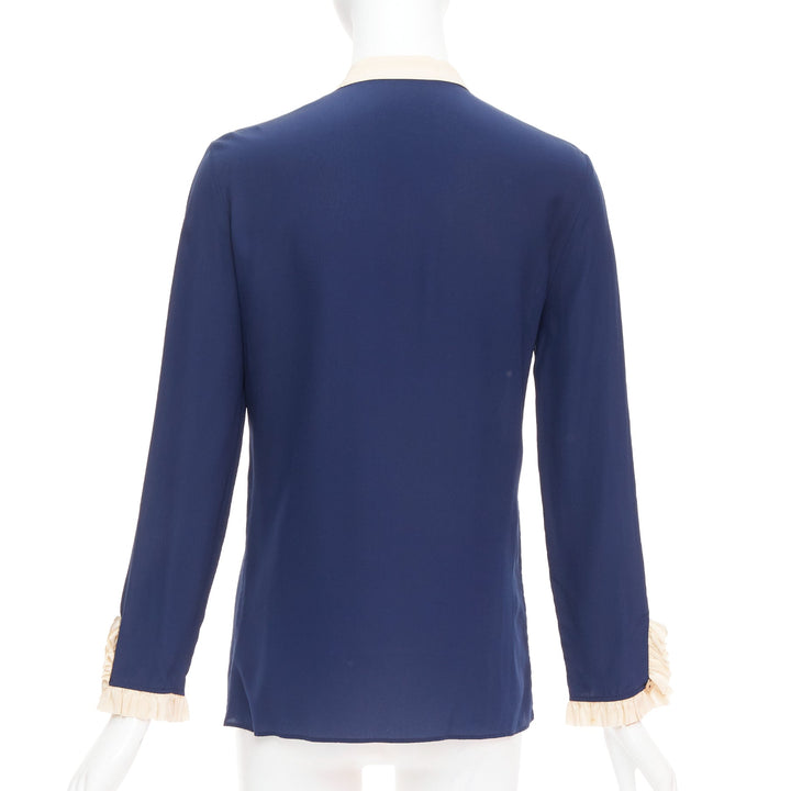 GUCCI 2017 navy 100% silk GG pearl buttons ruffle trim blouse shirt IT40 S