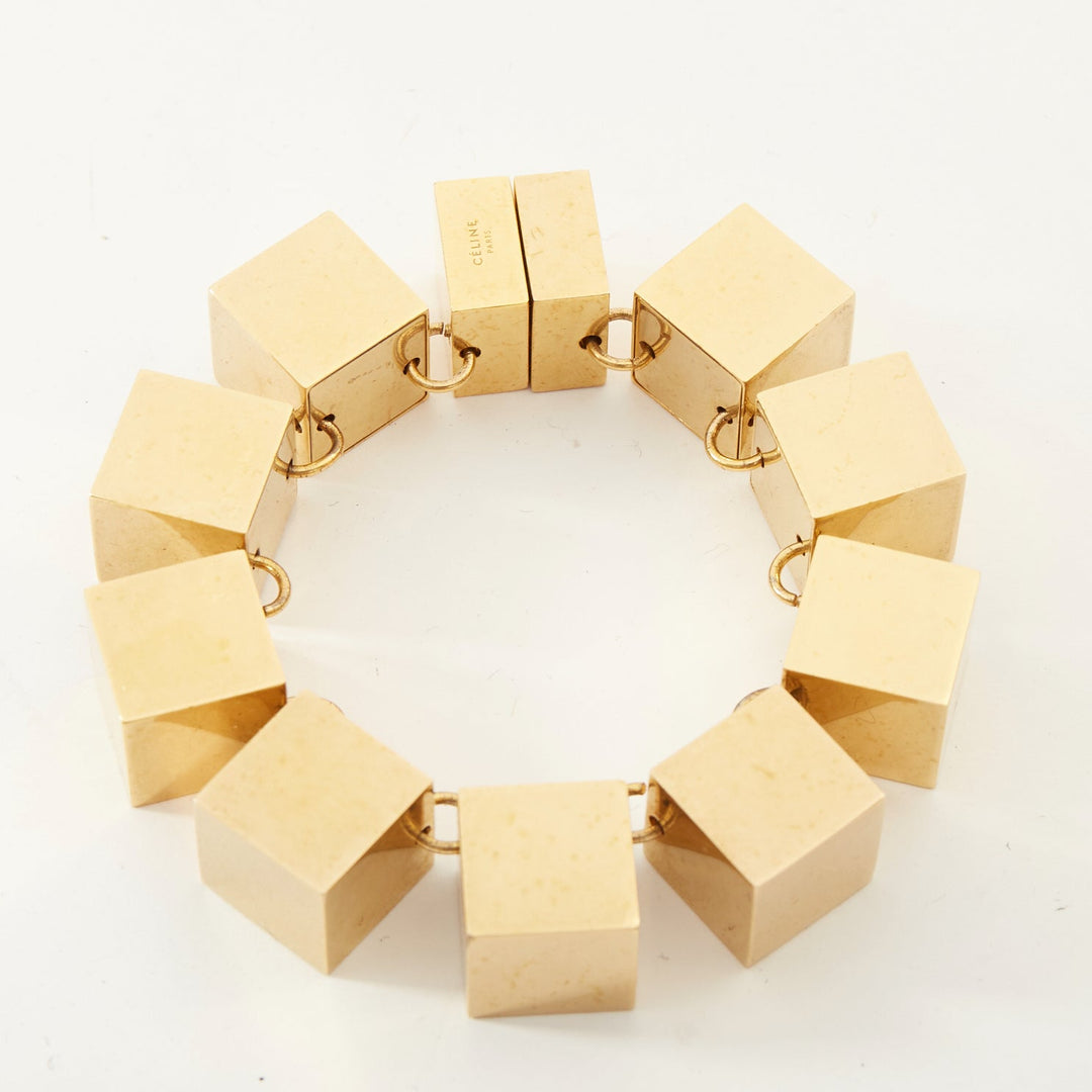 CELINE Phoebe Philo antique gold 3D cube geometric link chain bracelet