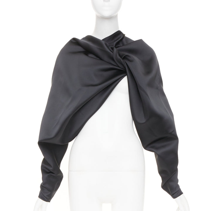 COLVILLE black twisted neck draped open front silk satin asymmetry top IT40 S