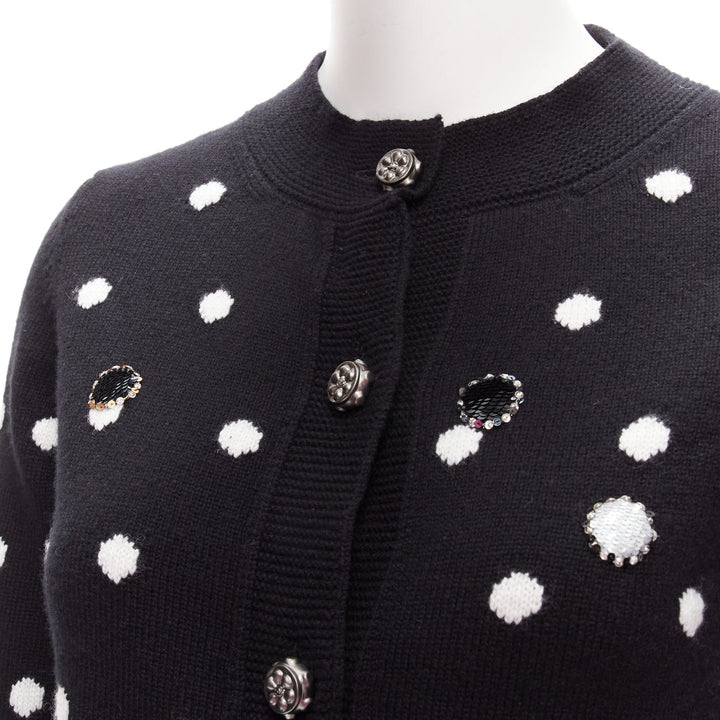 CHANEL 08A 100% cashmere silver embellished black polka dot cardigan FR34 XS