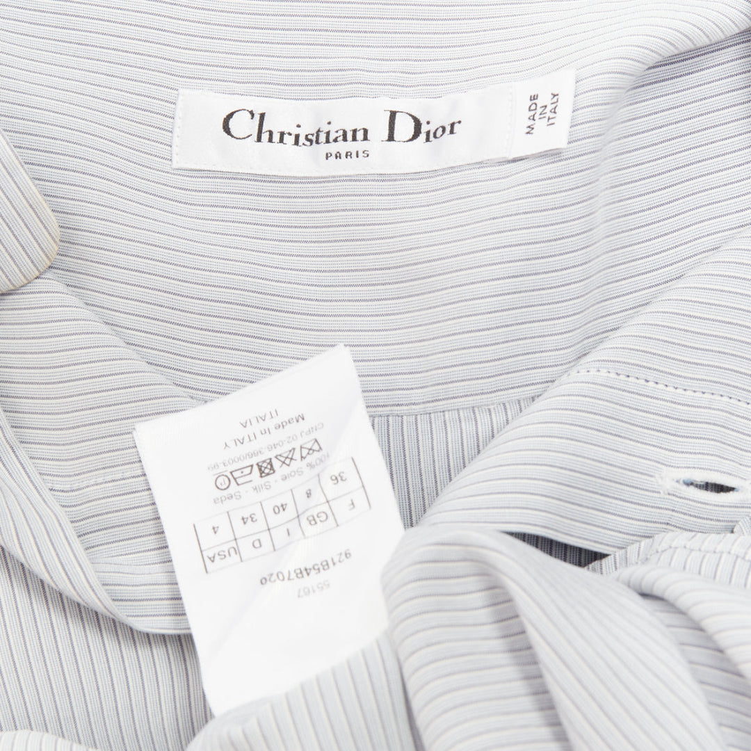 DIOR 100% silk light blue black striped bee embroidery high low shirt FR36 S