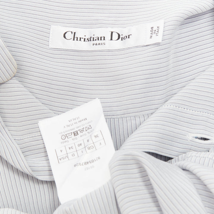 DIOR 100% silk light blue black striped bee embroidery high low shirt FR36 S