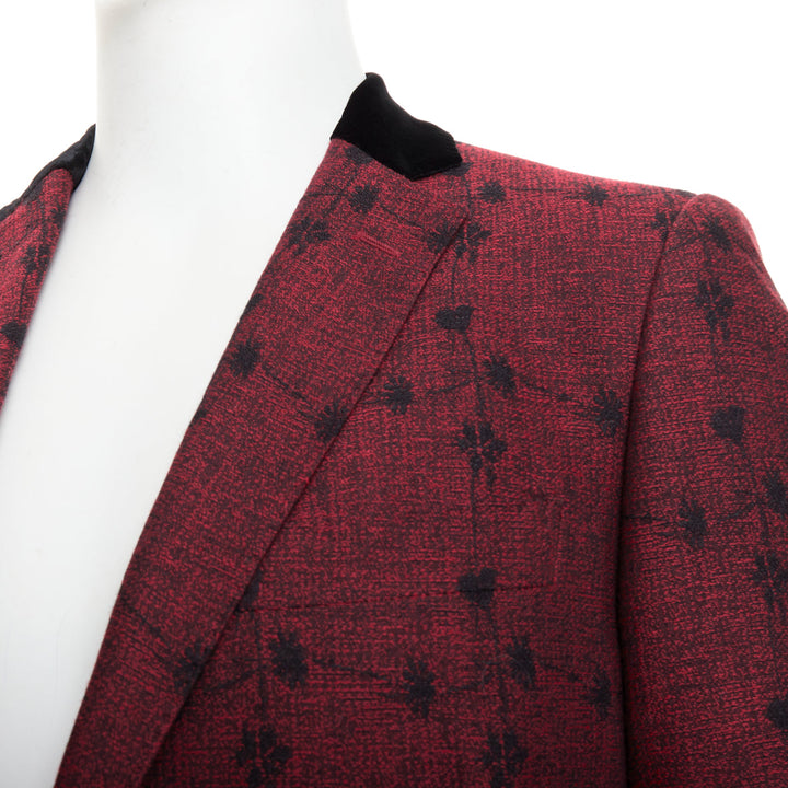 ETRO wine red velvet trim wool silk single breasted floral blazer IT52 XL