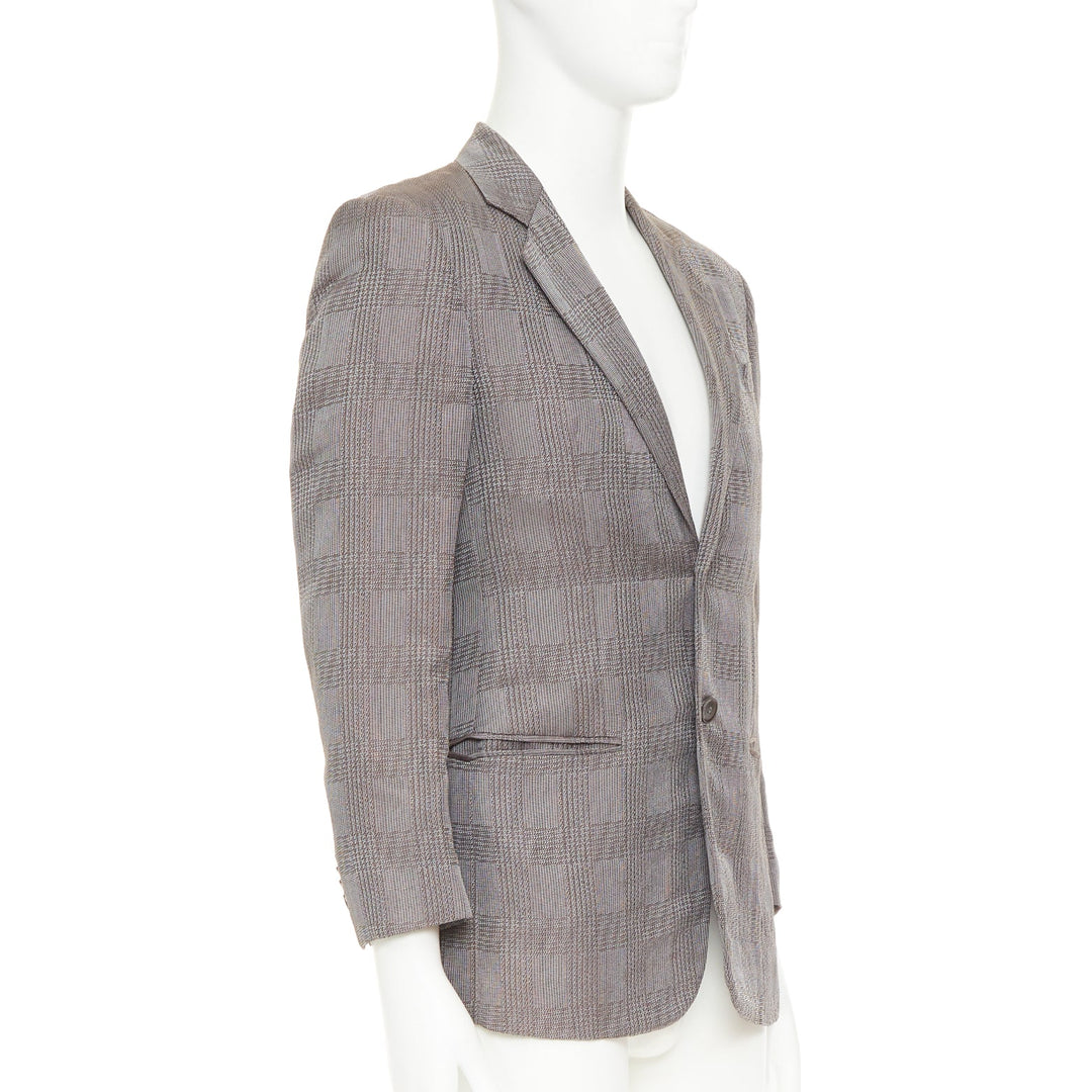 GIORGIO ARMANI taupe grey houndstooth plaid notched lapel blazer IT46 S