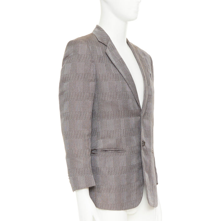GIORGIO ARMANI taupe grey houndstooth plaid notched lapel blazer IT46 S